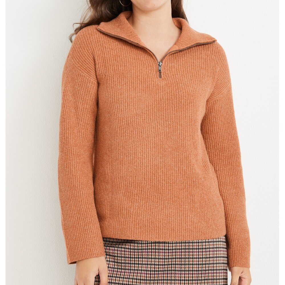 MAURICES Solid Half Zip Sweater Burnt Orange ish White Marled Collared 1/4 Zip S